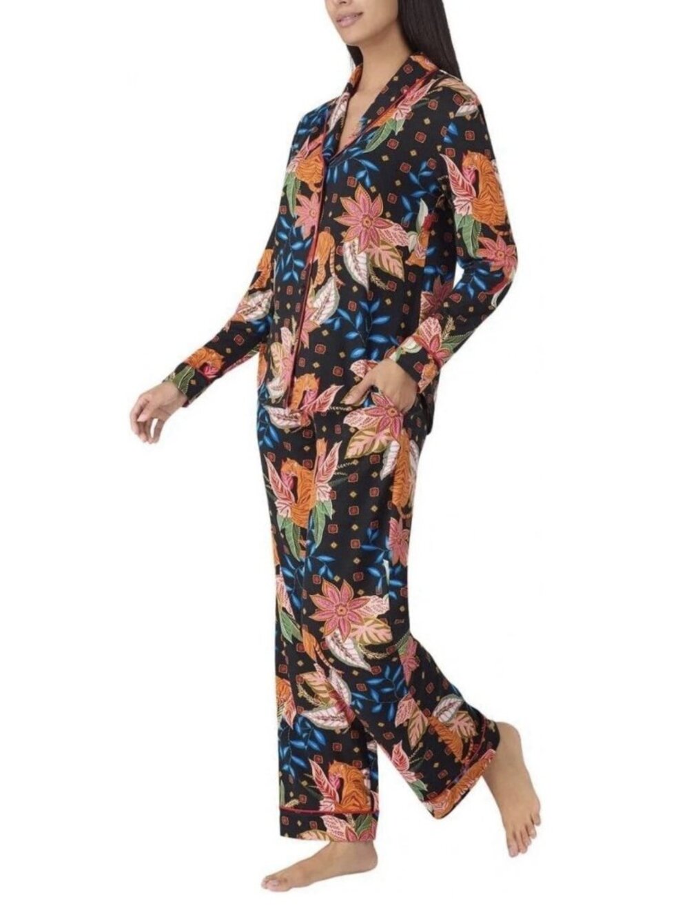 Room Service Women's Tiger Black Orange Multi Floral Pajama Set PJs S Small NEW - Picture 3 of 16